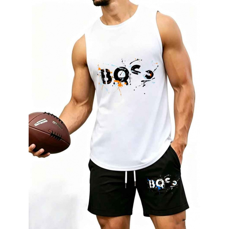 Tank Top Muscle - Herren Graffiti-Buchstaben-Print 2-Teiliger Trainingsanzug, Ärmelloses Muskel-Tanktop